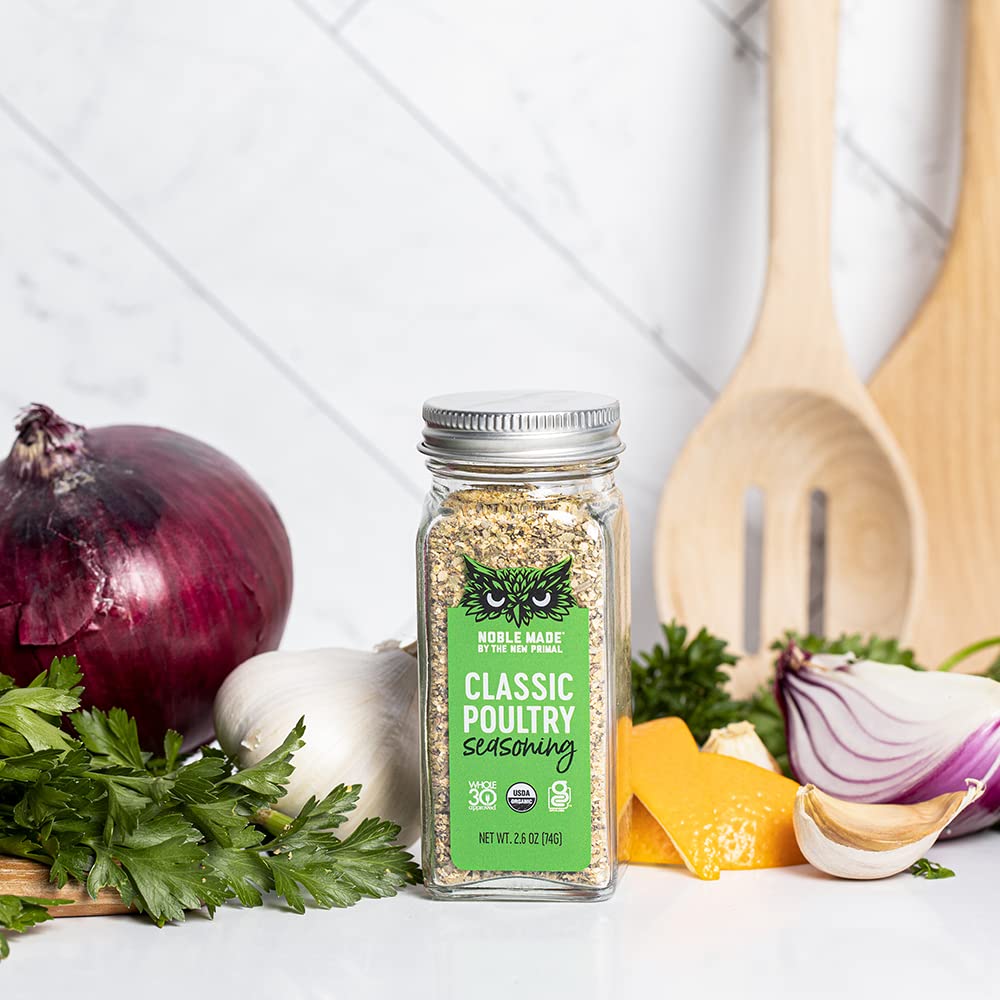 Noble Made Classic Organic Poultry Seasoning, Keto Friendly, Gluten Free, Sugar Free, Usda Organic, Whole 30, Low Sodium, Great For Grilling, Savory Rub, Chicken, Turkey, 2 Ct Bundle, Glass Shakers