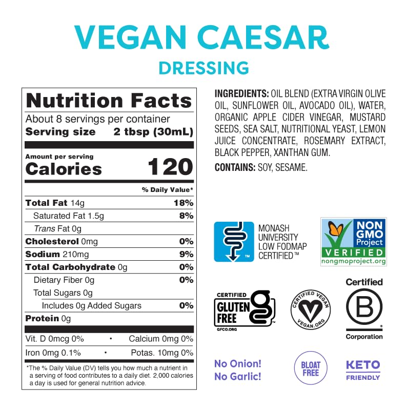 Fody Foods Vegan Caesar Salad Dressing, Low Fodmap Certified, Sensitive Recipe, Keto, Gut & Ibs Friendly, Non Gmo, 8 Ounce