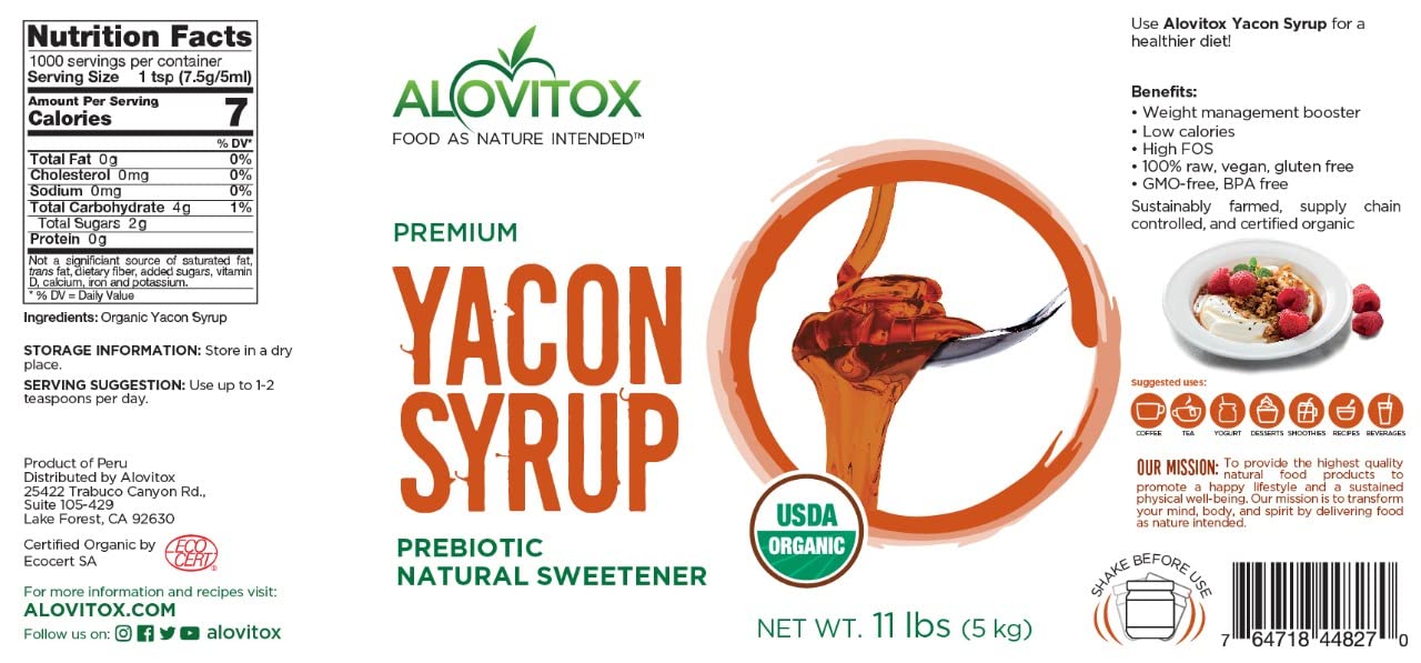Organic Yacon Syrup By Alovitox - Natural Sweetener Rich In Antioxidants, Vitamins, Prebiotics - Usda Organic