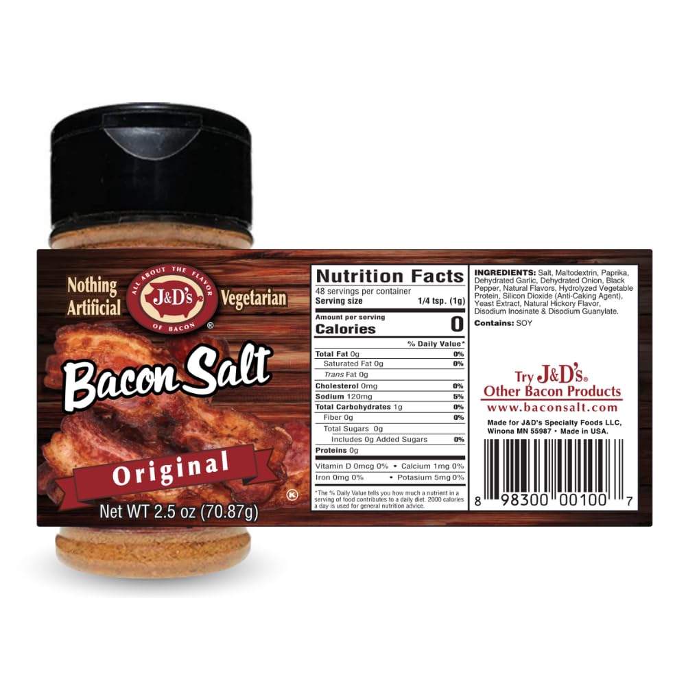 J&Ds Bacon Salt, Original, 2.6 Ounce, Bacon-Flavored Seasoning Salt, Vegan, Vegetarian, Kosher