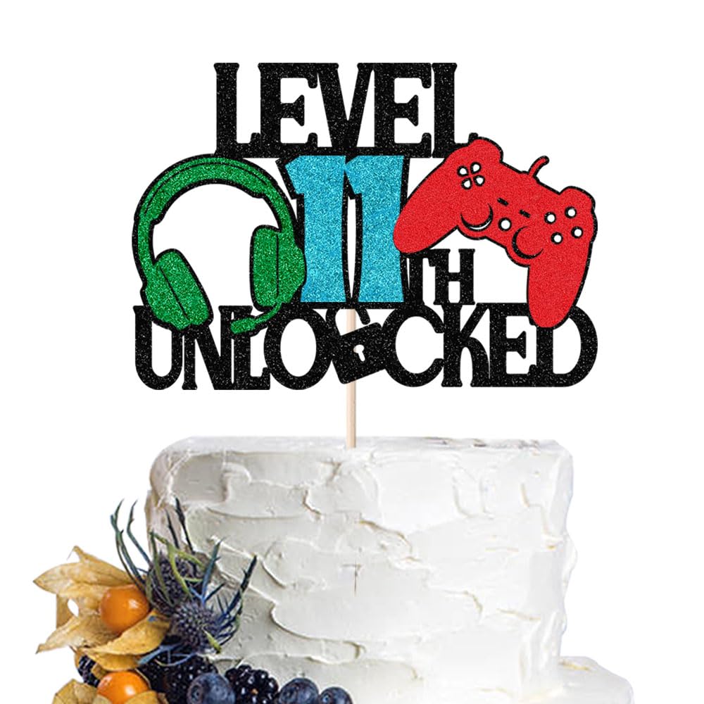 Dcokska Level 11Th Unlocked Cake Topper Boy Girl 11Th Birthday Video Game Cake Decoration  For Video Game Controller Themed/Unlocked Level Up Birthday Party Decoration Supplies