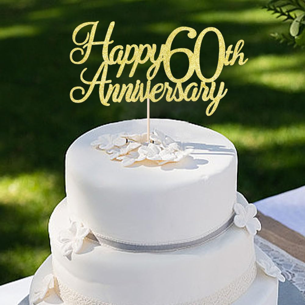 Auteby Happy 60Th Anniversary Cake Topper, Gold Glitter 60Th Birthday/Wedding Anniversary Party Decoration Supplies (60)