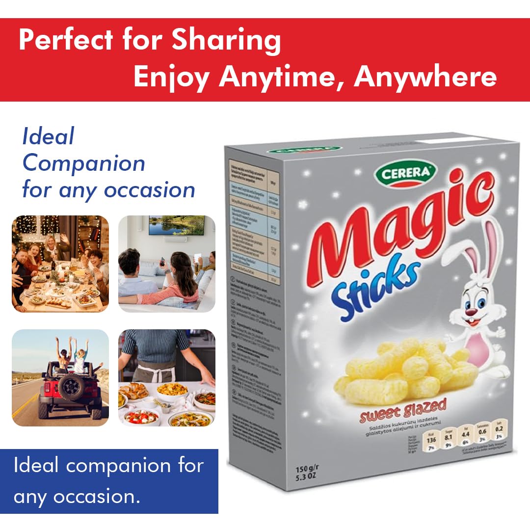 Cerera Magic Corn Sticks - Sweet Glazed Corn Puffs With Sugar And Oil 150G (2 Pack) - Healthy Snack Ideal For Sharing With Frien