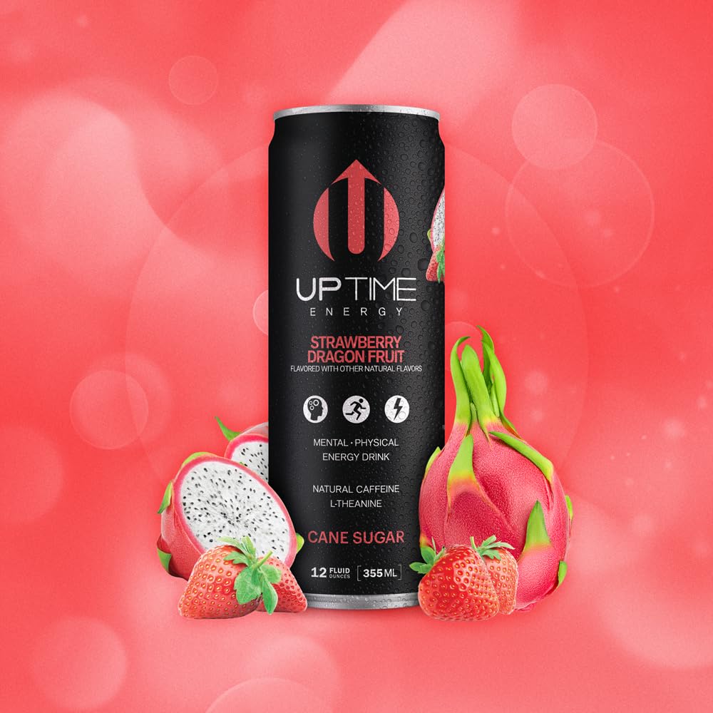 UPTIME Energy Drink, Strawberry Dragon Fruit, 12 Pack, 142mg Natural Caffeine, Vitamin C, Focus Support, 12 fl oz Cans