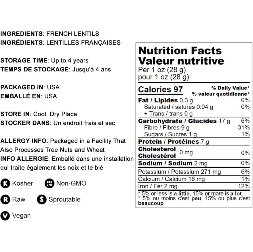 Food To Live French Green Lentils, 20 Pounds - Whole Dry Beans, Raw, Sproutable, Vegan, Kosher, Bulk. Deep Peppery Flavor. Rich