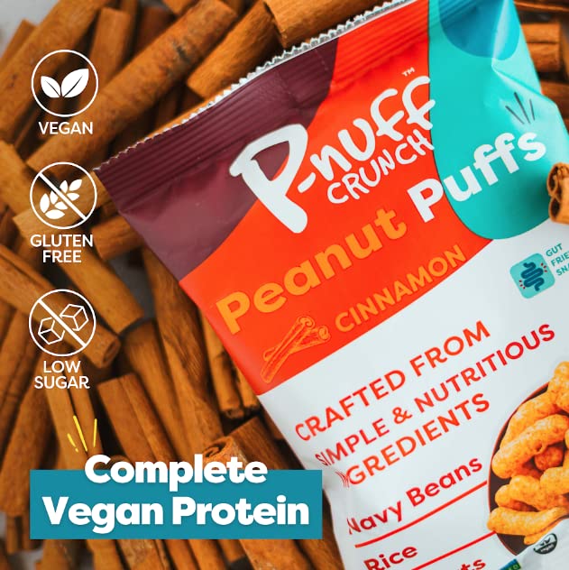 P-Nuff Crunch Baked Peanut Puffs - Vegan, Gluten Free, Low FODMAP, 20g Protein, 4oz Bag, Cinnamon, Pack of 6