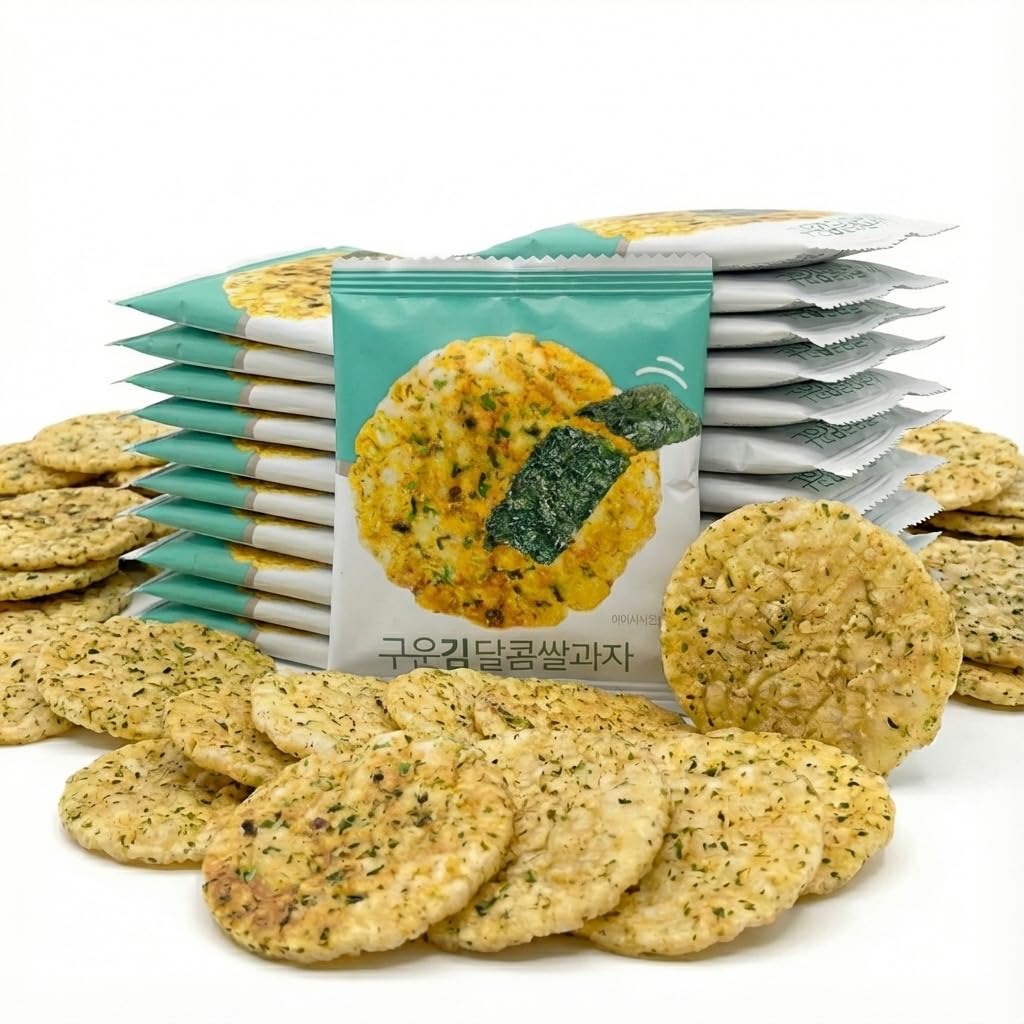 Korean Baked Sweet Rice Cracker Bites with Roasted Seaweed, Crunchy Korean Snack, Individually Wrapped (Seaweed Rice Cracker - 9