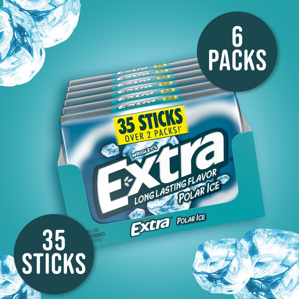 Extra Gum Polar Ice, Bulk Chewing Gum Sugar-Free, Mega Pack Of 6 With 35 Sticks Each