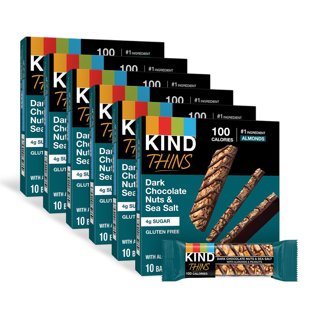 Kind Thins Dark Chocolate Nuts & Sea Salt Bars, 0.74 Ounce, 10 Count, Gluten Free Bars, 4G Sugar (60 Bars)