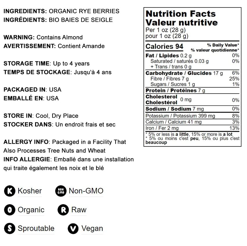 Food to Live Organic Rye Berries - Non-GMO, Kosher, Raw, 25 LB Bulk Seeds