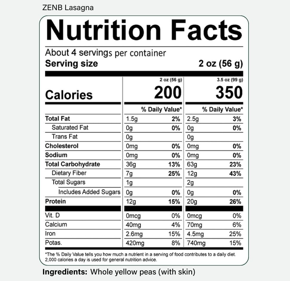 ZENB Plant-Based Lasagna - Pasta Made From 100% Yellow Peas, Gluten Free, Non-GMO & Vegan, Less Carbs than Traditional Pastas, 2