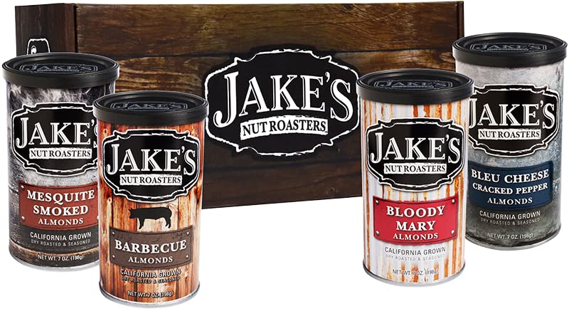 Jakes Nut Roasters Flavored Almonds Gift Box - 4 Pack (Blue Cheese, Bloody Mary, Buffalo, Barbecue) - 7 Ounce