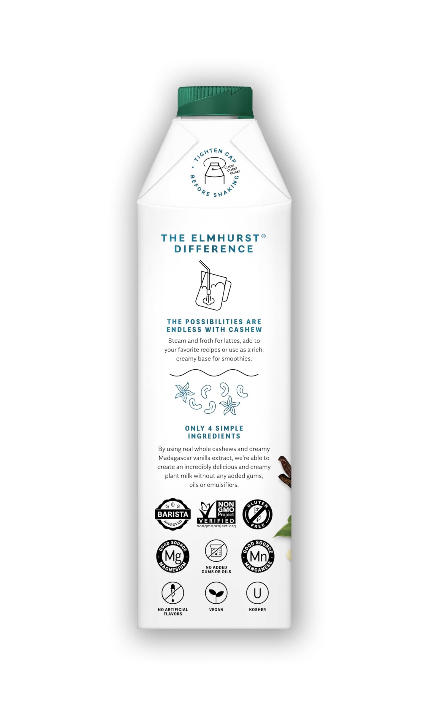 Elmhurst 1925 Vanilla Cashew Milk Unsweetened - 32 Ounce (Pack of 6) Dairy-Free, Vegan, Kosher, Shelf Stable Milk Made with Vani