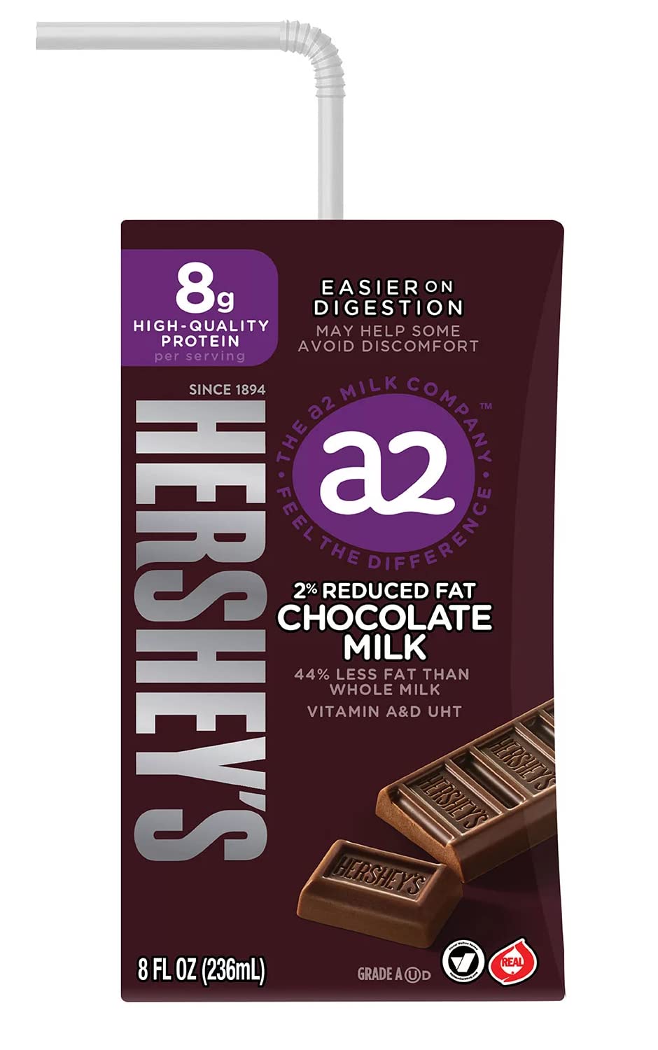 Hersheys A2 Milk 2% Reduced Fat Chocolate Milk, 8 fl oz, 12 Pack - Aseptic