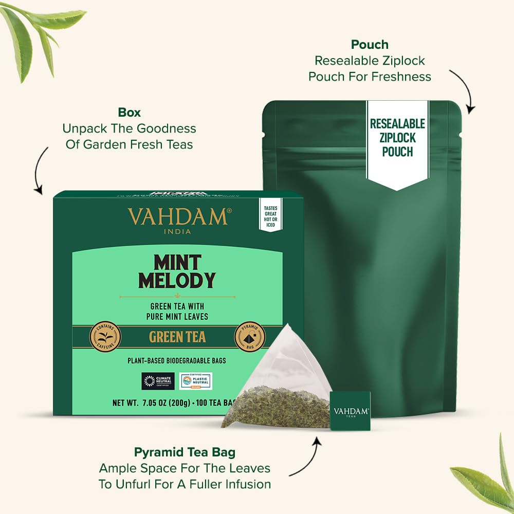 VAHDAM Mint Green Tea Bags - 100% Pure Leaf Tea, Low Caffeine, Non-GMO, Gluten Free, 100 Count