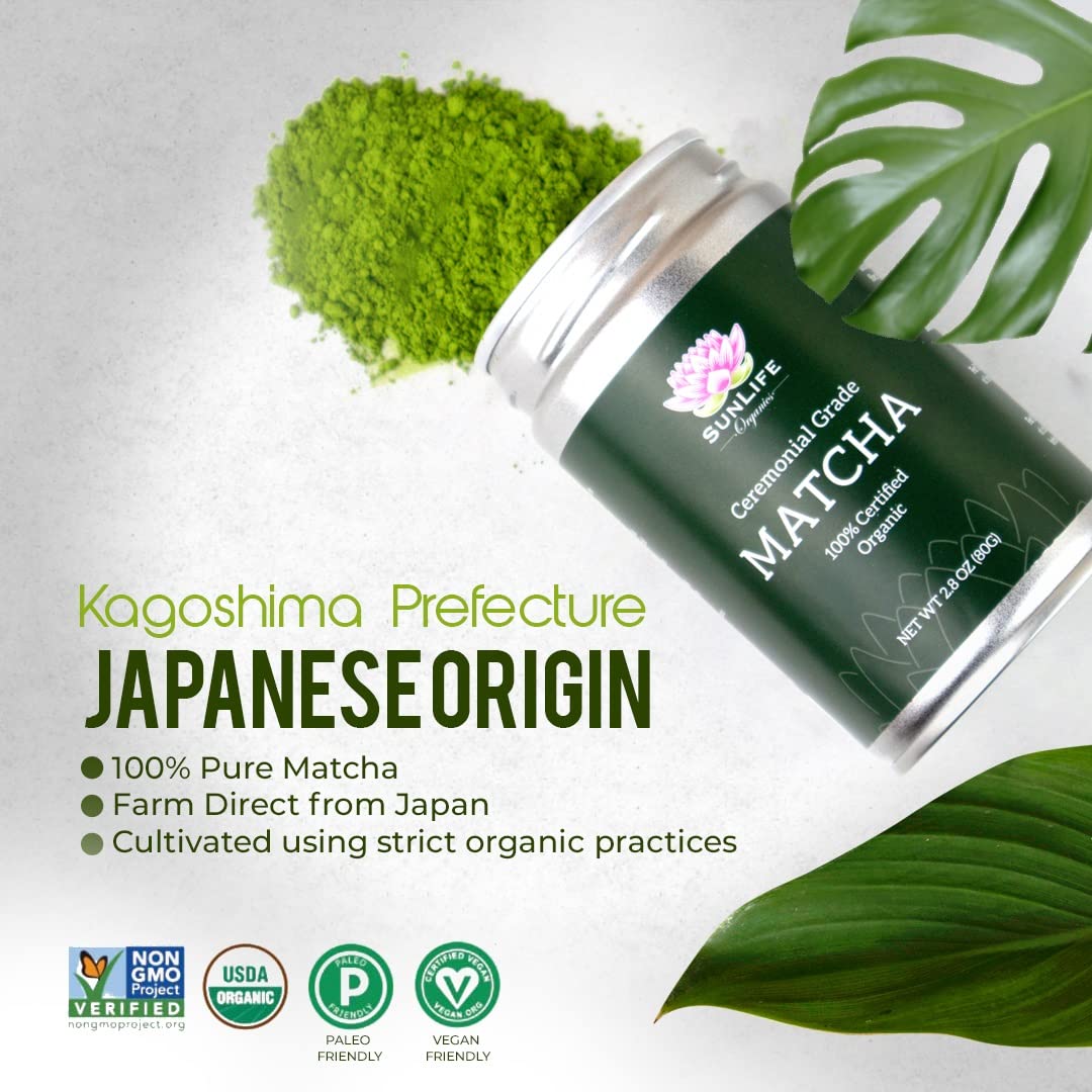 Sunlife Organics Matcha Tin - 100% Certified Organic Matcha Powder | Authentic Ceremonial Grade Japanese Green Tea (80G Tin)