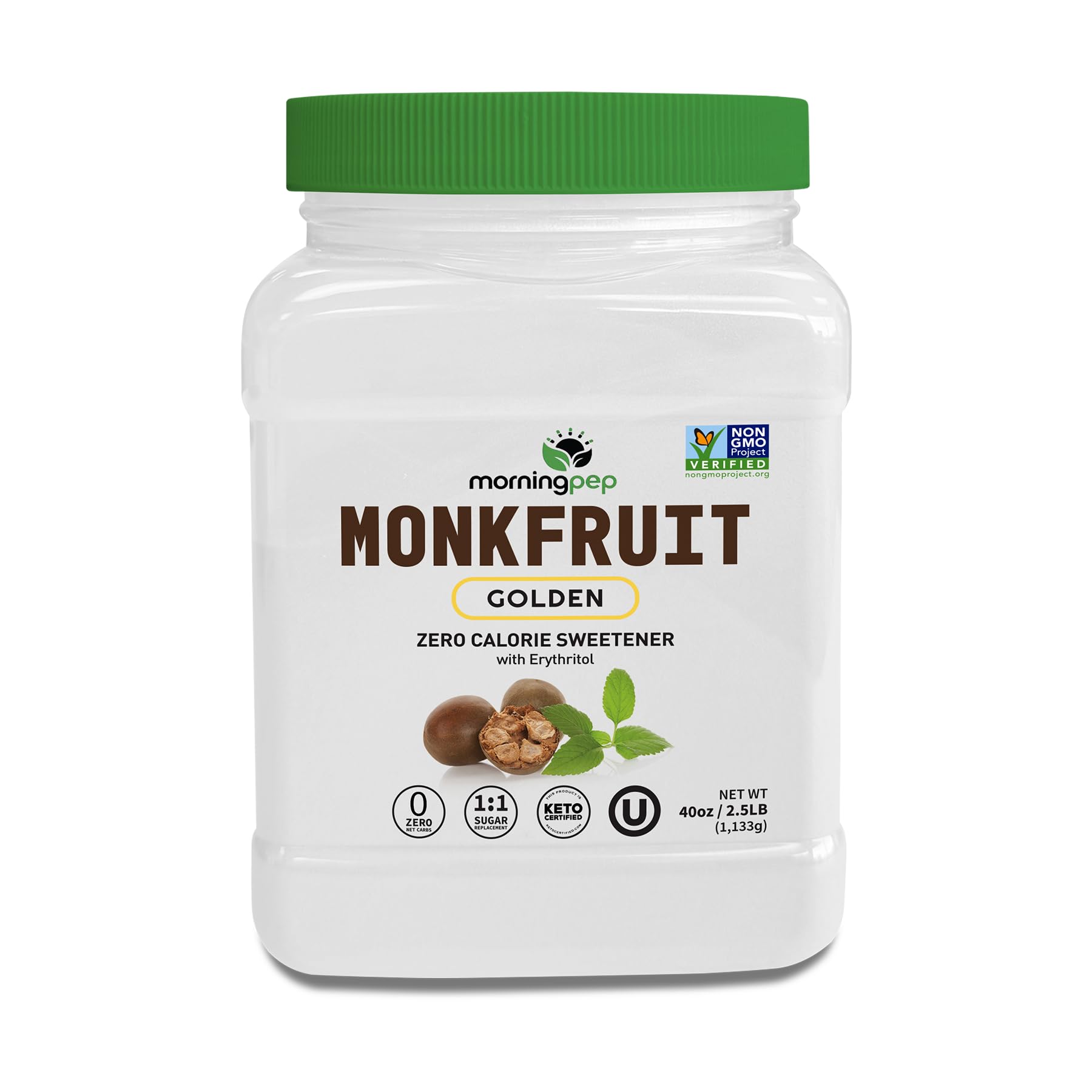 Morning Pep Monk Fruit Sweetener, golden Sugar Substitute, 2.5 lb, Keto Friendly, 1:1 Sugar Replacement, Zero Calorie, Non-GMO, 