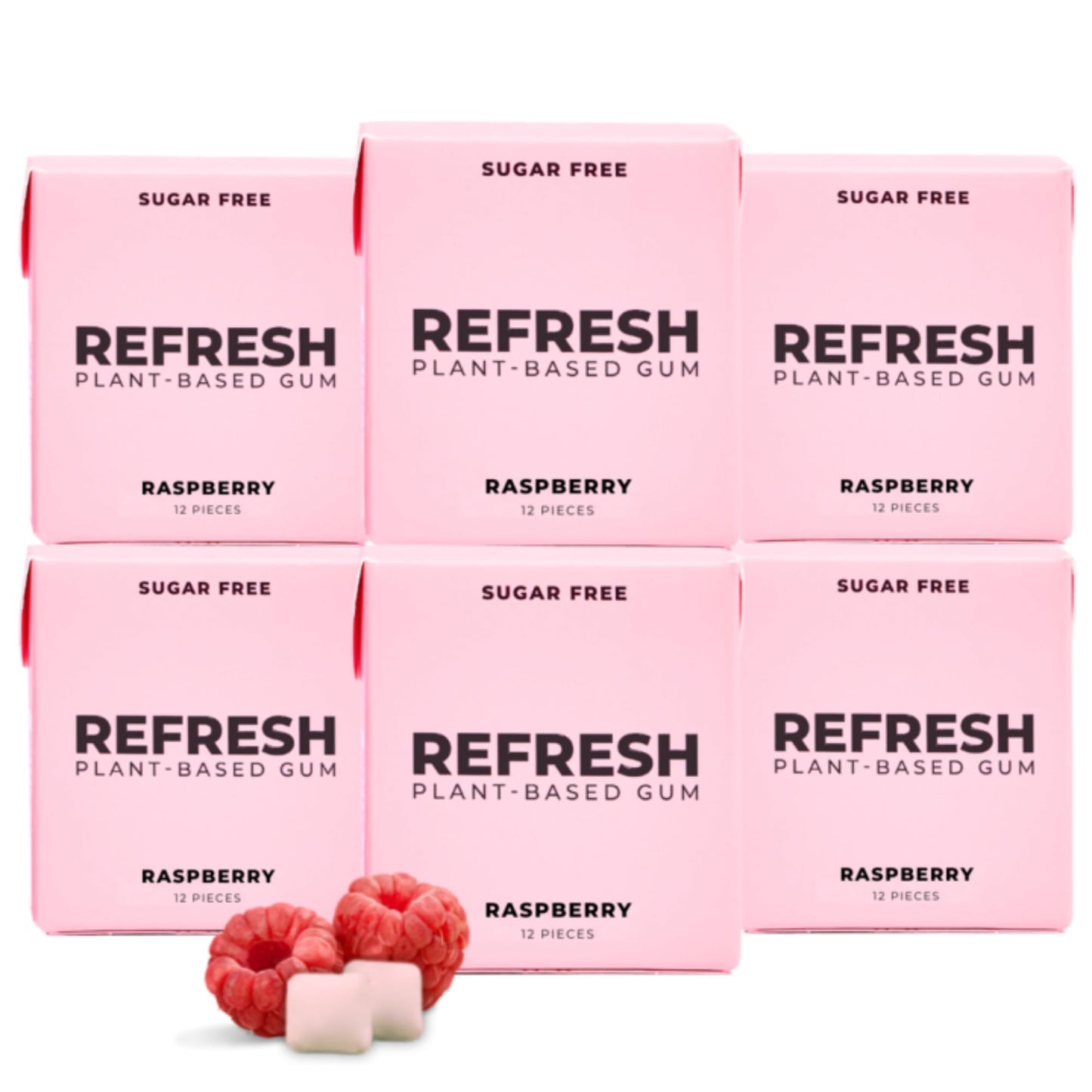 Refresh Gum, Natural, Xylitol, Sugar Free, Aspartame Free, Plastic Free, Organic Ingredients, Raspberry, 12 Pcs, 6 Pack