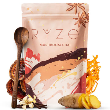 RYZE Mushroom Chai with 6 Organic Adaptogenic Mushrooms for Better Energy, Focus, Digestion, Immunity with USA Grown Turkey Tail