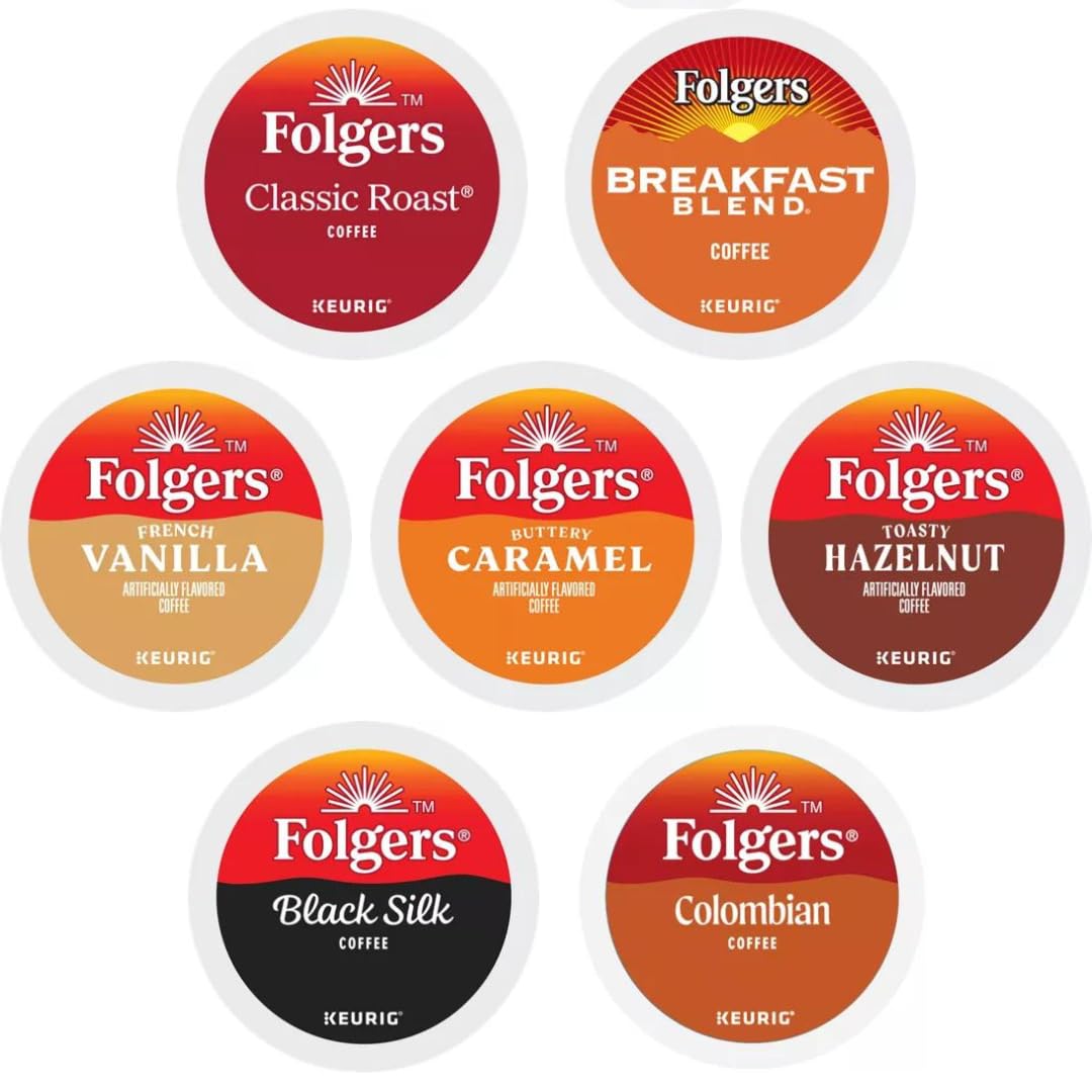KUPIX Folgers K-Cups Coffee Pods Variety Sampler, 24 Count - Includes Classic Roast, Black Silk, Breakfast Blend, Hazelnut, and More