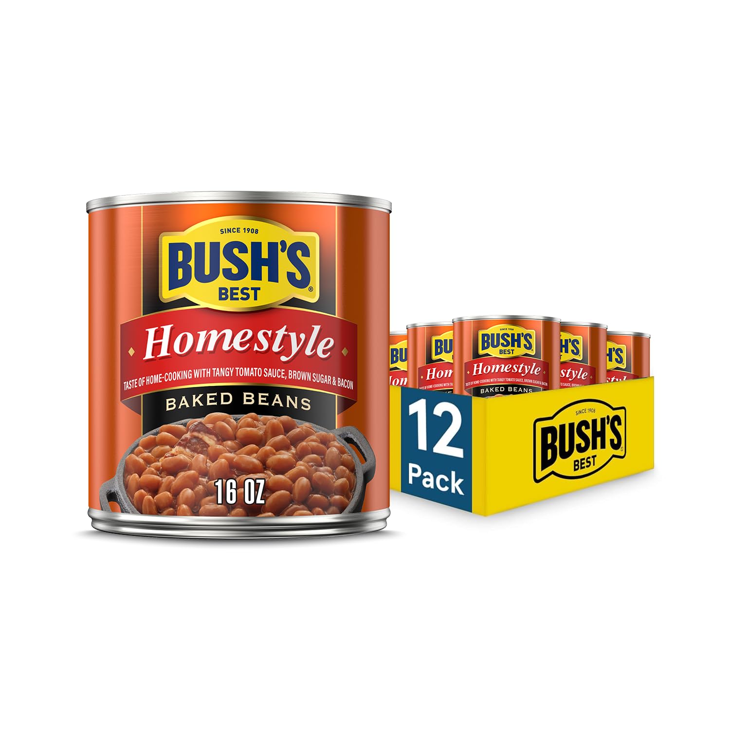 BUSH'S BEST 16 oz Canned Homestyle Baked Beans, Source of Plant Based Protein and Fiber, Low Fat, Gluten Free, (Pack of 12)