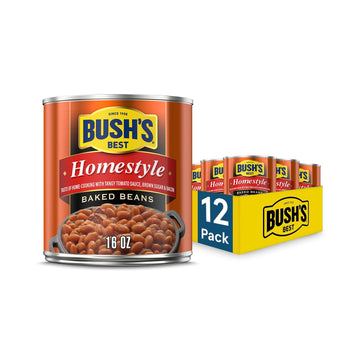 BUSH'S BEST 16 oz Canned Homestyle Baked Beans, Source of Plant Based Protein and Fiber, Low Fat, Gluten Free, (Pack of 12)
