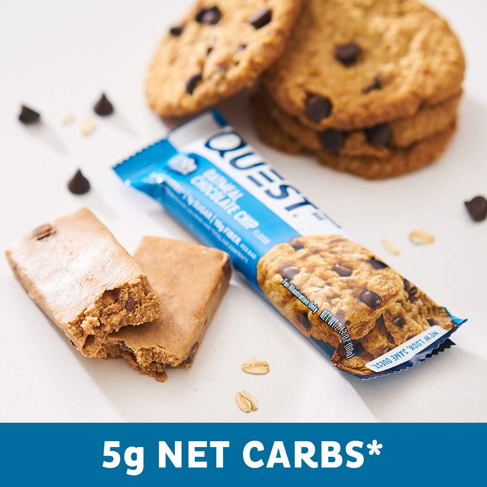 Quest Nutrition Oatmeal Chocolate Chip Protein Bars, 20G Protein, 1G Sugar, 5G Net Carb, Gluten Free, Keto Friendly, 12 Count