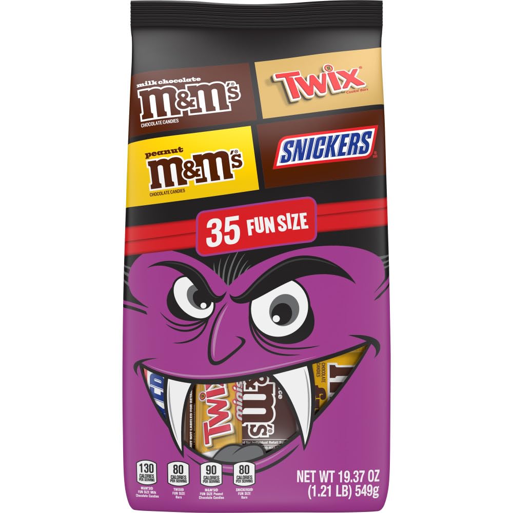 M&MS Fun Size Milk Chocolate  M&MS Fun Size Peanut  SNICKERS Fun Size & TWIX Fun Size Caramel Cookie Milk Chocolate Individually Wrapped Trick or Treat Halloween Candy  35 Ct  19.37 Oz Bulk Bag