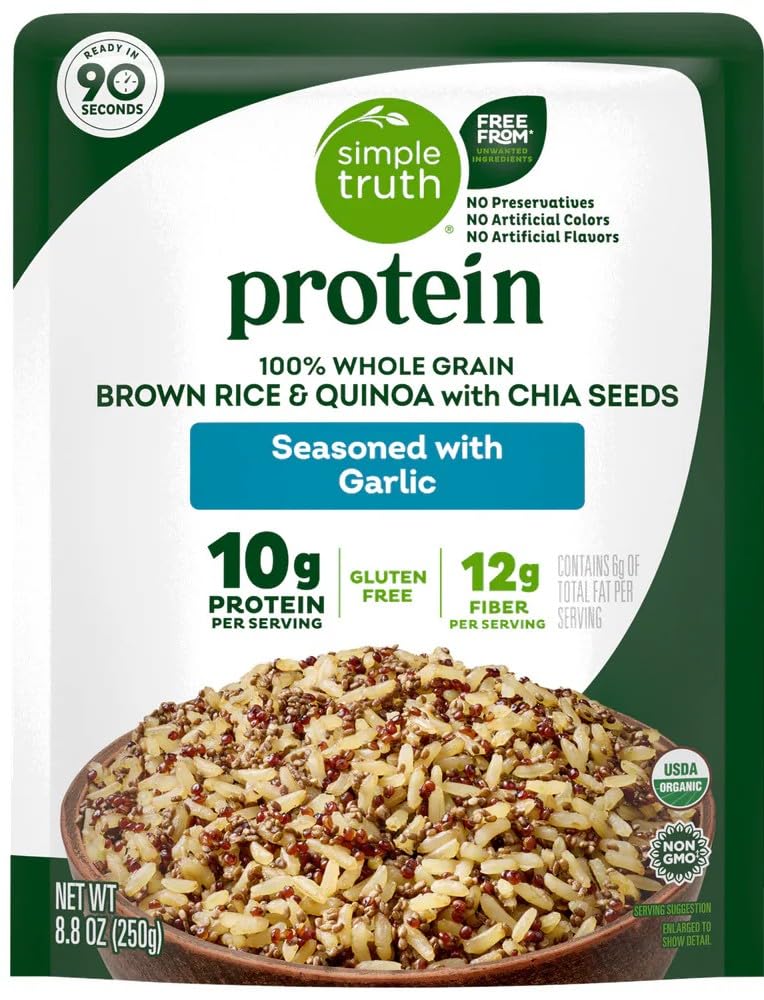 Simple Truth Protein 100% Whole Grain Brown Rice & Quinoa with Chia Seeds, Garlic Seasoned, Gluten Free, Non-GMO, 8.8 oz (2 Pack