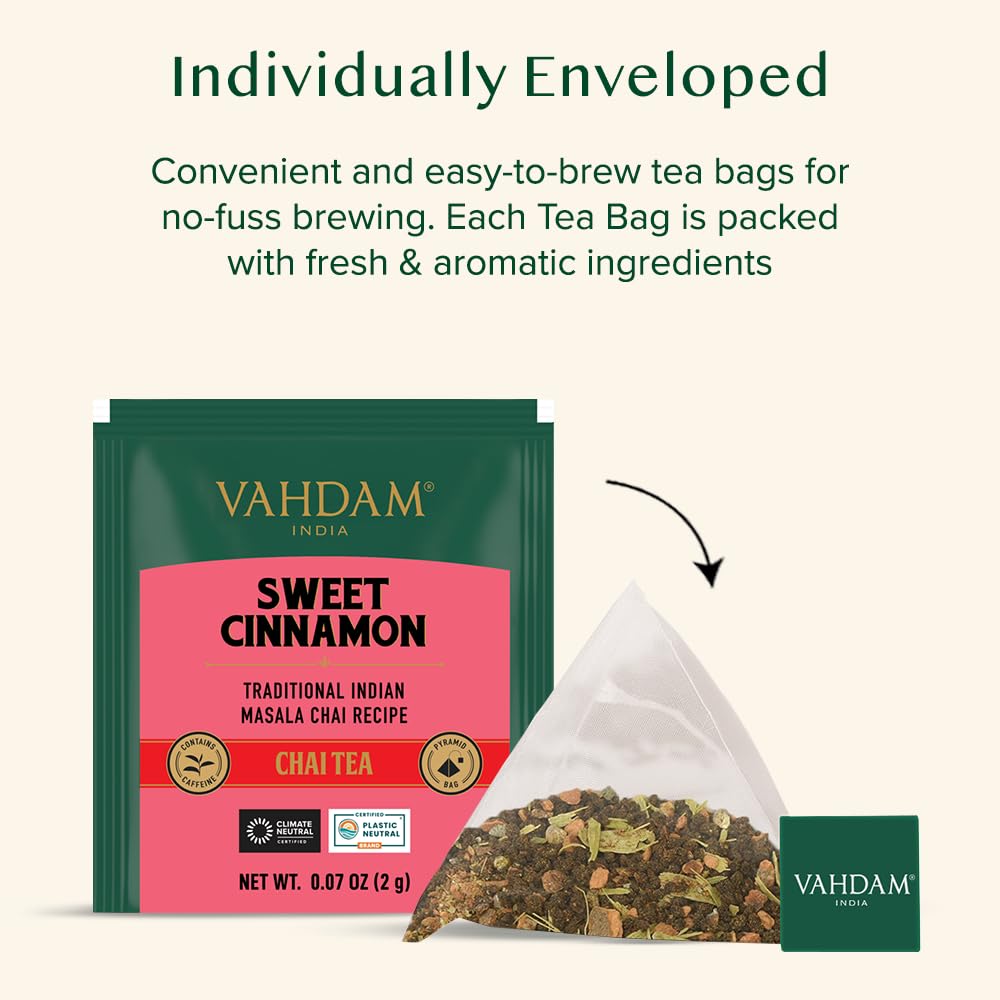 VAHDAM Sweet Cinnamon Masala Chai Tea Bags, 30 Count, Non-GMO, Gluten-Free, Individually Wrapped Pyramid Bags