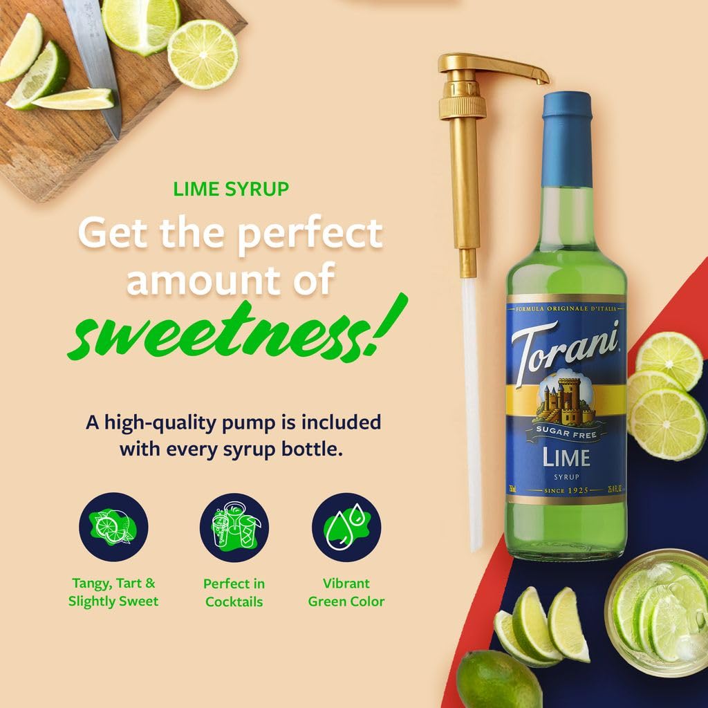 Torani Sugar Free Syrup, Lime Flavoring For Drinks, Zero Calorie, Glass Bottle With Pump Included, 25.4 Fl Oz