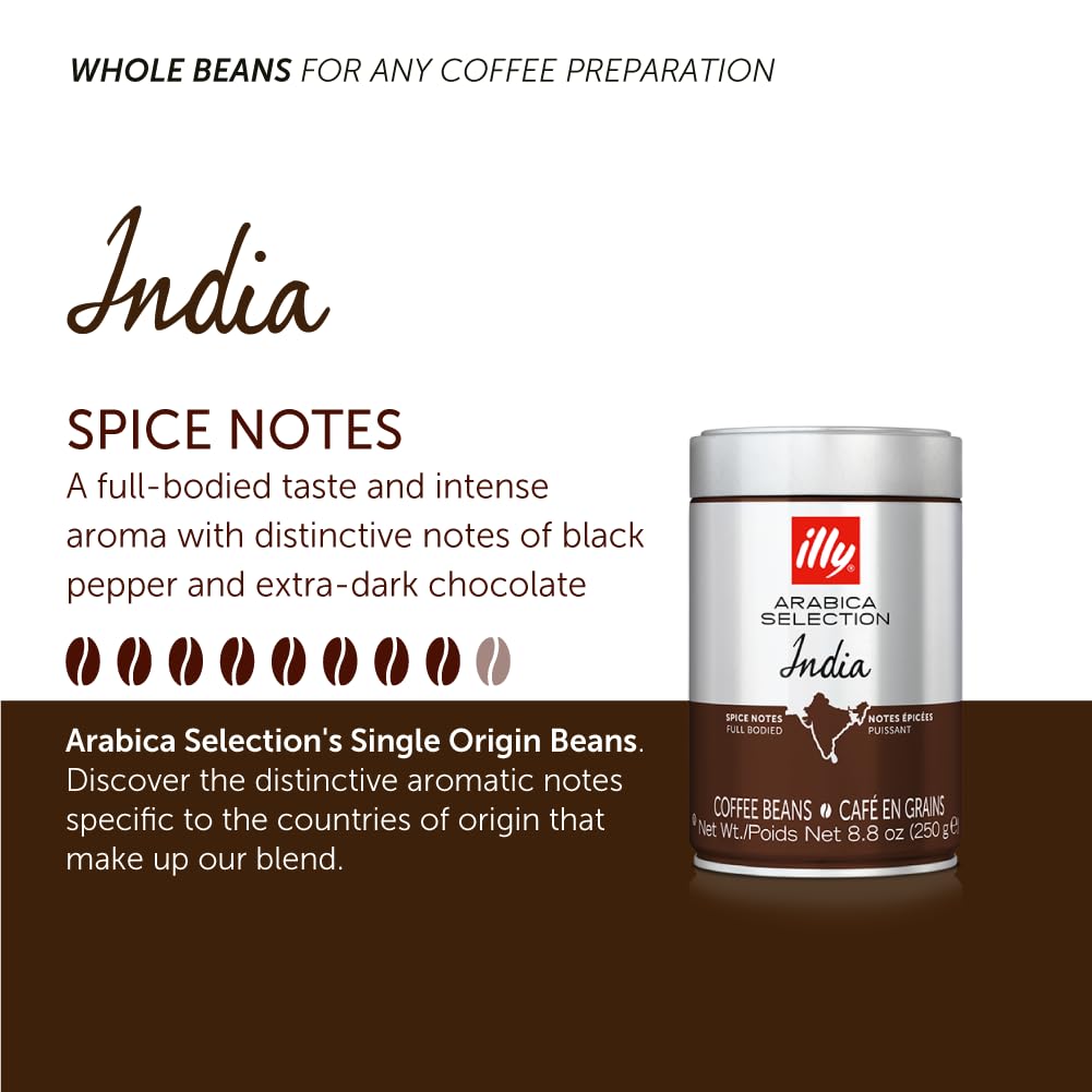 Illy Whole Bean Coffee - Perfectly Roasted Whole Coffee Beans – India Dark Roast - With Notes Of Black Pepper & Extra-Dark Chocolate – Full-Bodied - 100% Arabica Coffee - No Preservatives – 8.8 Ounce