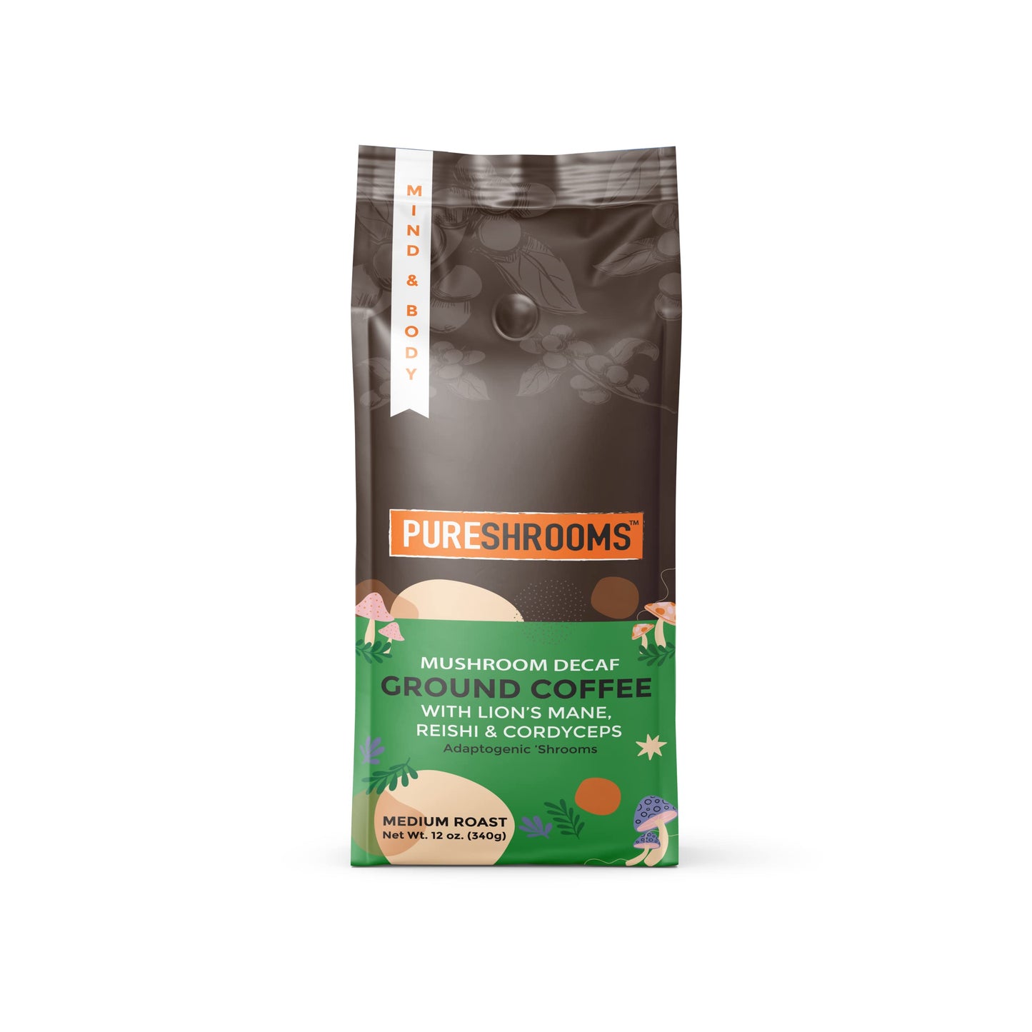 Pureshrooms Decaf Mushroom Coffee | Swiss Water  Ground  Infused With Organic Lions Mane  Reishi & Cordyceps + L-Theanine - Single Oriflavor Blend Guatemala 12 Oz Bag