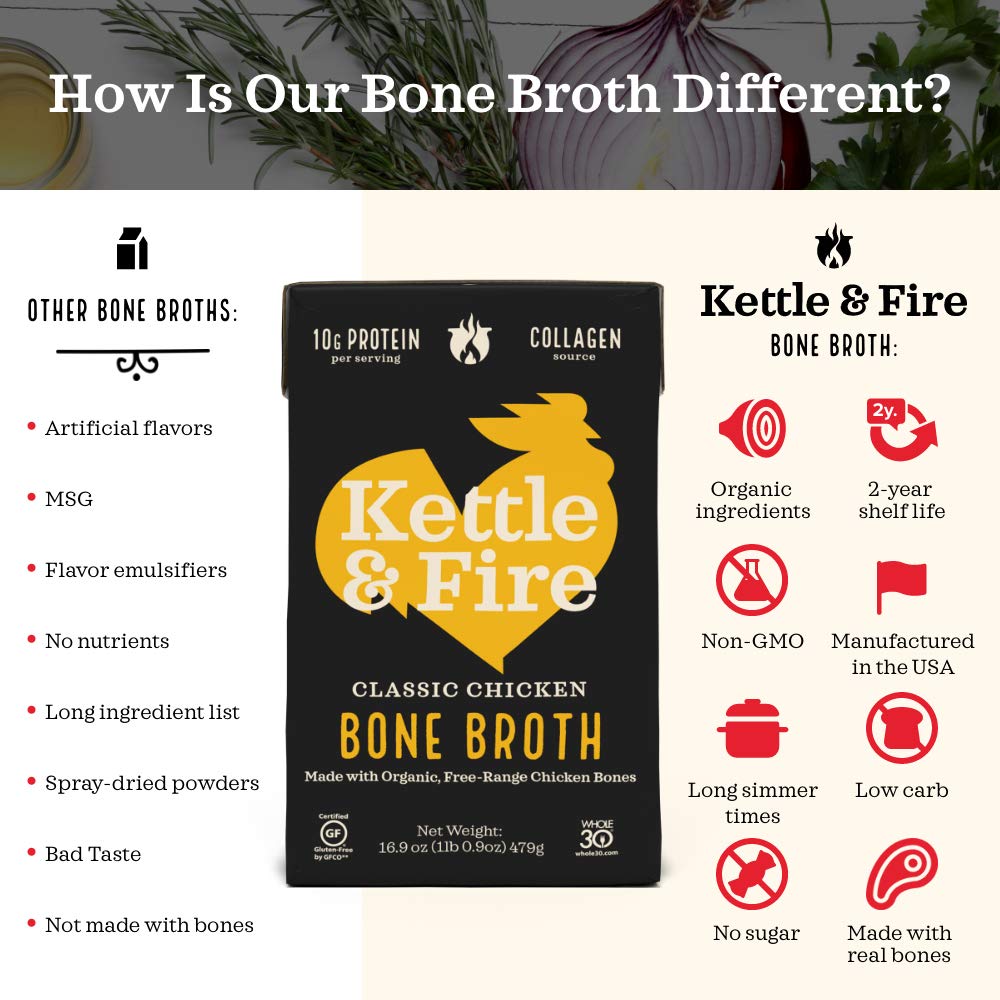 Kettle & Fire Classic Chicken Bone Broth, Keto & Paleo, Gluten Free, High Protein, 4 Pack (32 Fl Oz)