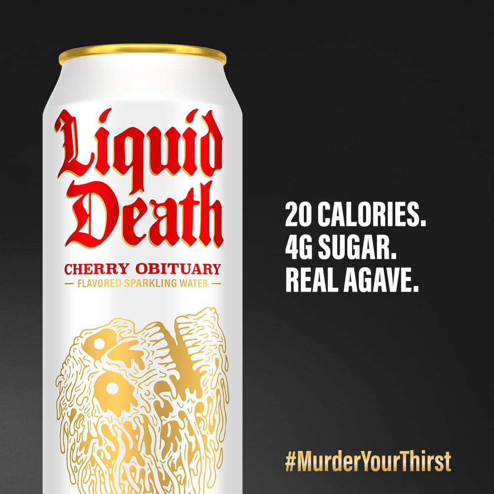Liquid Death, Cherry Obituary Sparkling Water, 8-Pack (King Size 19.2Oz Cans), Cherry Flavored Sparkling Beverage Sweetened With