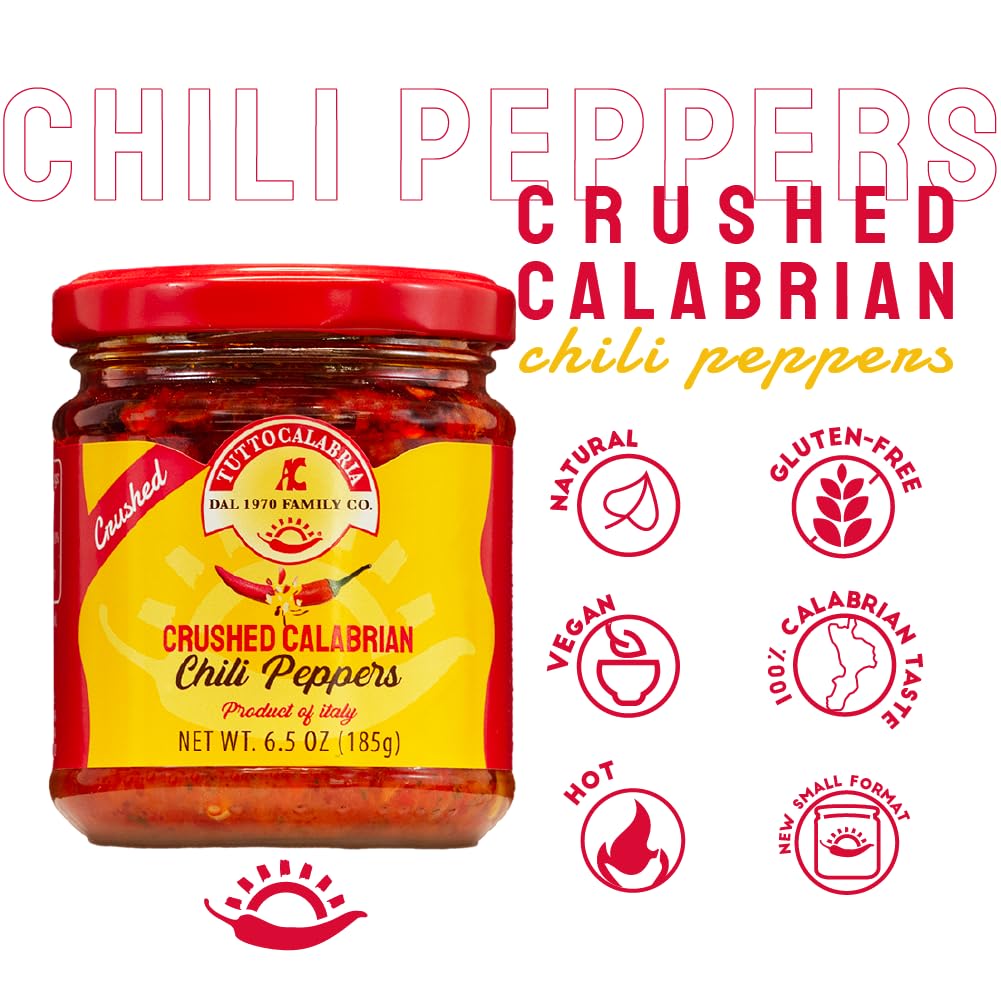 TUTTOCALABRIA Crushed Calabrian Chili Peppers, 6.5  oz (185  g) in Glass Jar - Artisanal Red Chili Pepper, Vegan, Gluten-Free, N
