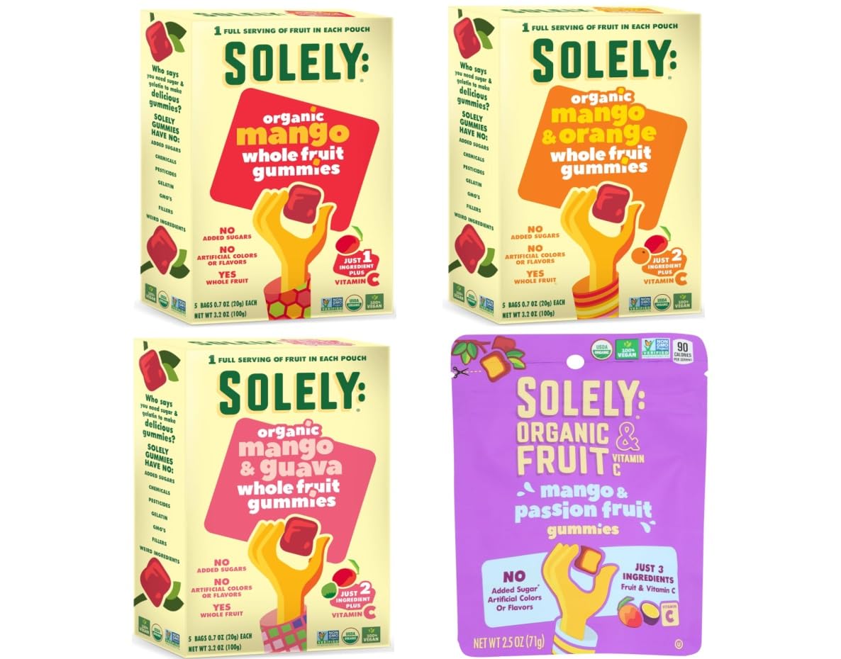 SOLELY Organic Fruit Gummies Variety Pack, Mango, Mango & Orange, Mango & Guaba, Mango & Passion Fruit, Total 4 Packs, LIVEBEAR 
