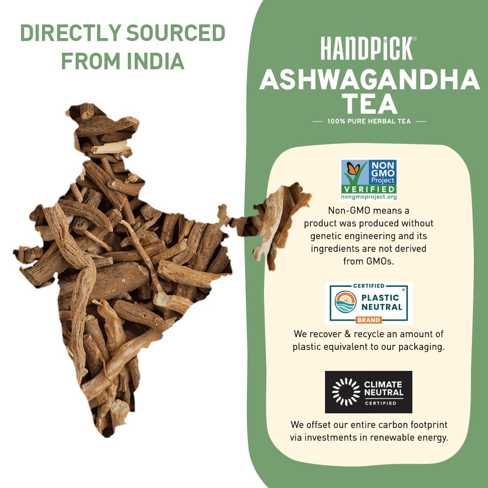 HANDPICK  Ashwagandha Root Tea (100 tea Bags) - Herbal dietary product - For Health & Wellbeing - With Antioxidants & Minerals - Caffeine Free  Gluten Free  Packed in Ecofriendly Tea Bags