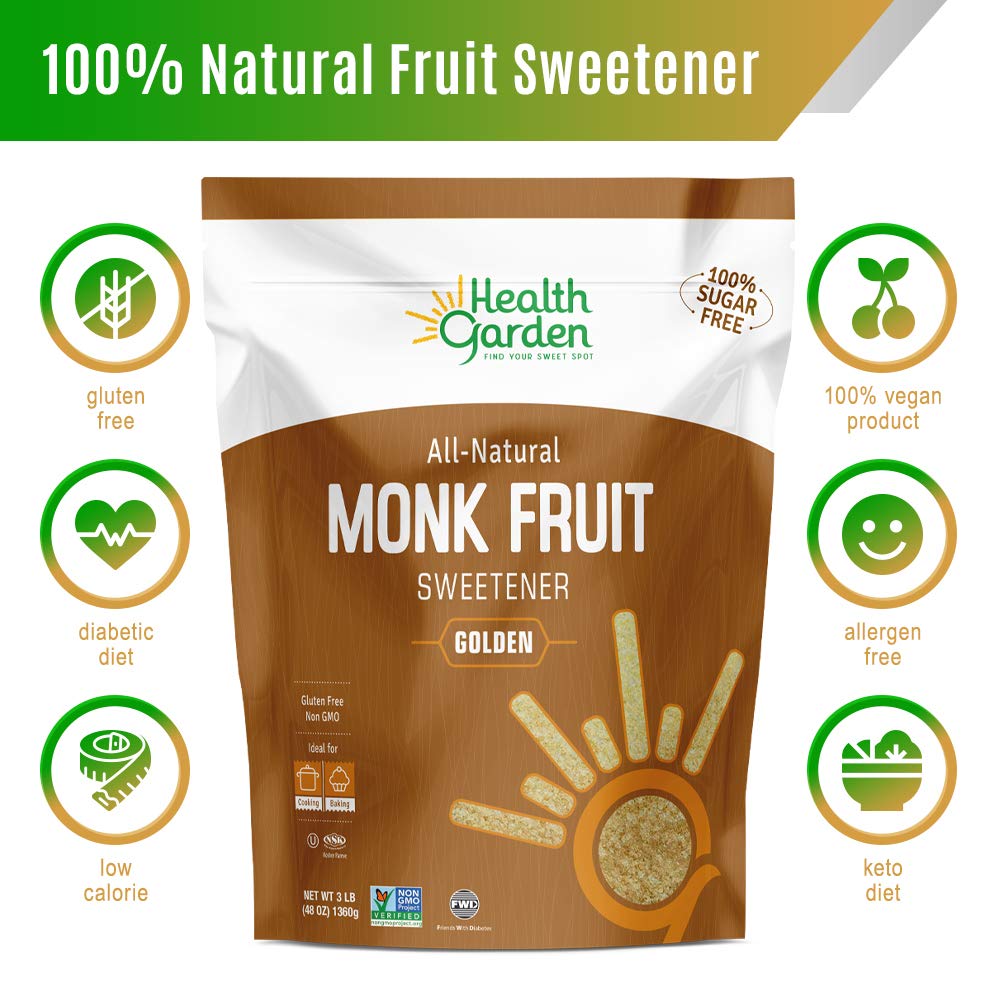 Health Garden Monk Fruit Sweetener, Golden- Non Gmo - Gluten Free - Sugar Substitute - Kosher - Keto Friendly (3 Lbs)