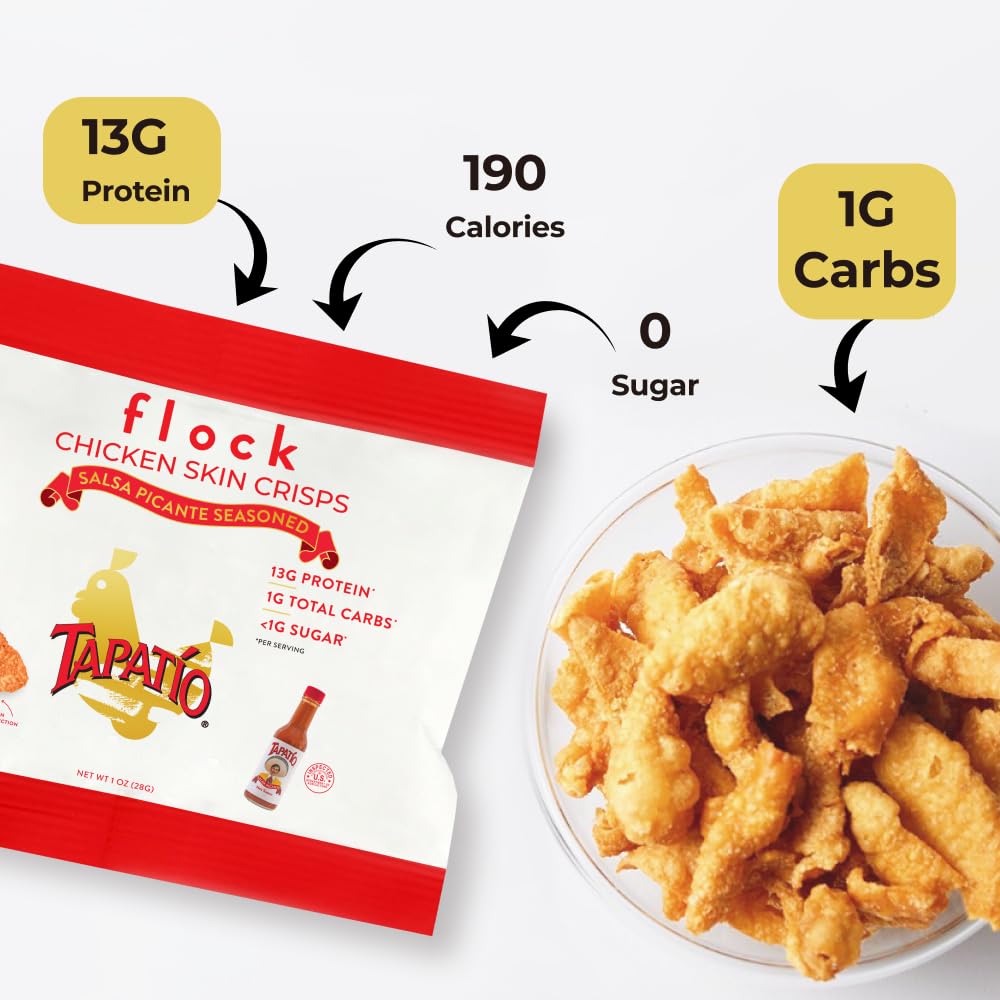 Flock Keto Chicken Skin Chips, Tapatio Flavor, Low Carb, High Protein, Gluten-Free, 1oz Pack of 8