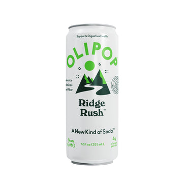OLIPOP Sparkling Prebiotic Soda  Ridge Rush  Pantry Pack Packed with Prebiotics  Fiber  and Botanicals  Gluten Free  Vegan  GMO Free  12oz Skinny Can (12 Pack)