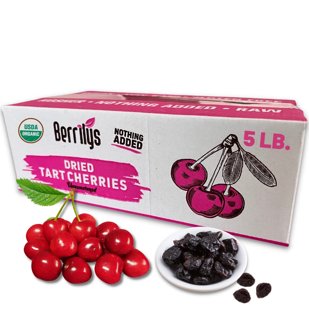 Berrilys Natural Dried Tart Cherries, 5 lb, No Sweet Added, Non-GMO, Plant-based, Ideal and Great for Baking, Snacking, Salads &