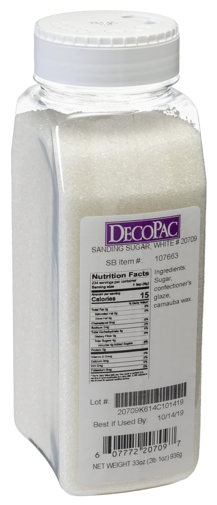DecoPac Sanding Sugar | White Edible Sugar Sprinkles | 33oz | Edible Sanding Sugar in Handheld Container | Made In USA | Sugar S