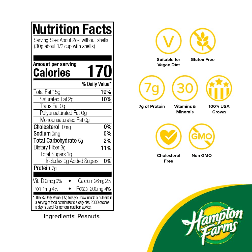 Hampton Farms - Usa Grown All-Natural - Fancy Roasted In-Shell Unsalted Peanuts - 5 Lb. Bags - 3 Pack