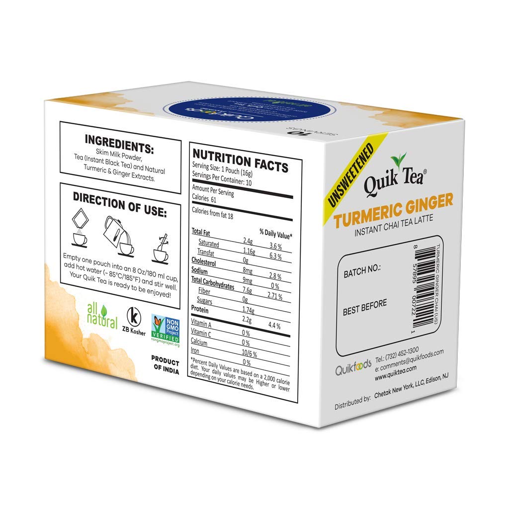 QuikTea Unsweetened Turmeric Ginger Chai Tea Latte - 10 Count Single Box - All Natural Preservative Free Authentic Instant Chai
