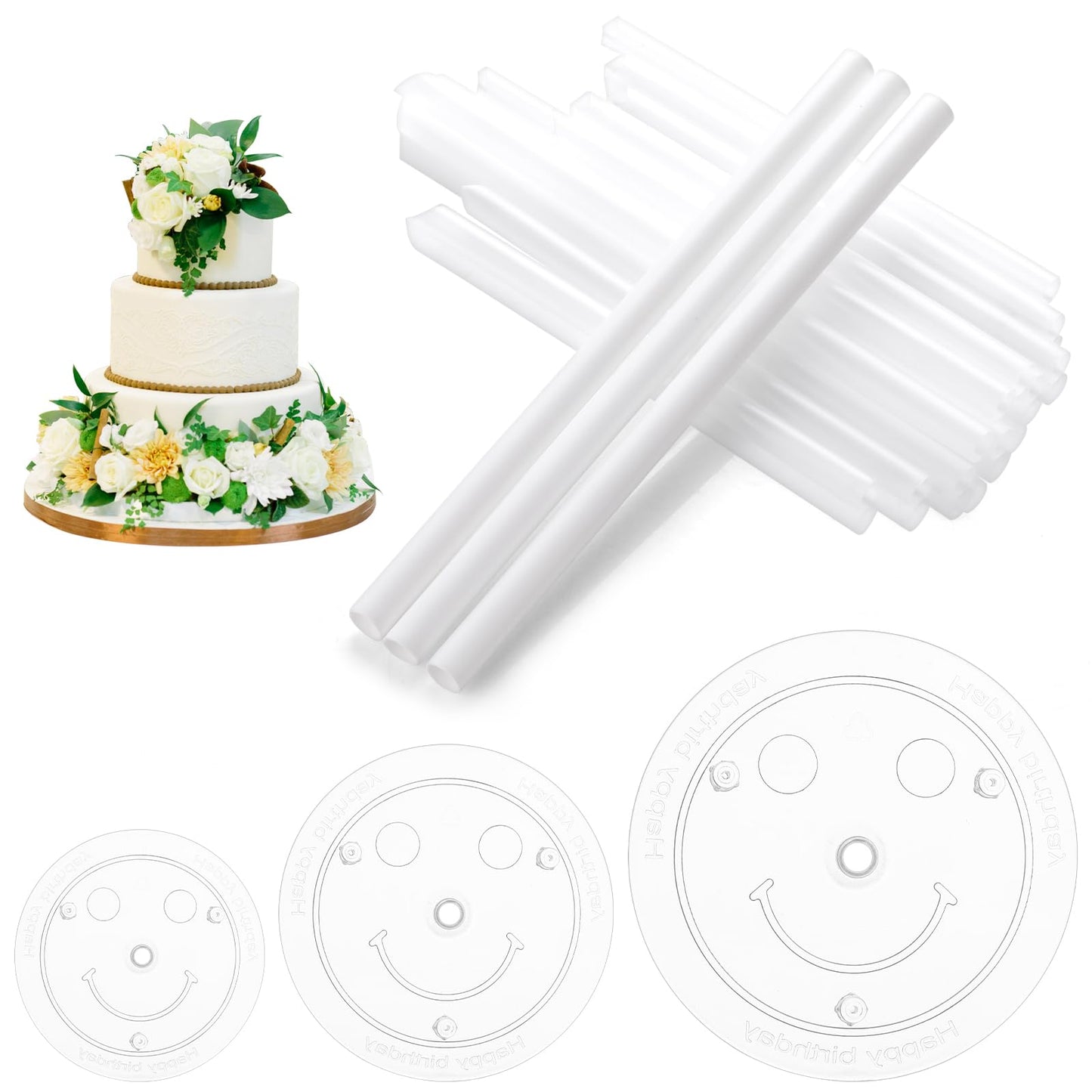 Grevosea Cake Dowel, Cake Dowels For Tiered Cakes Plastic Cake Support Rods, White Cake Stand Sticks With 3Pcs Cake Boards - For