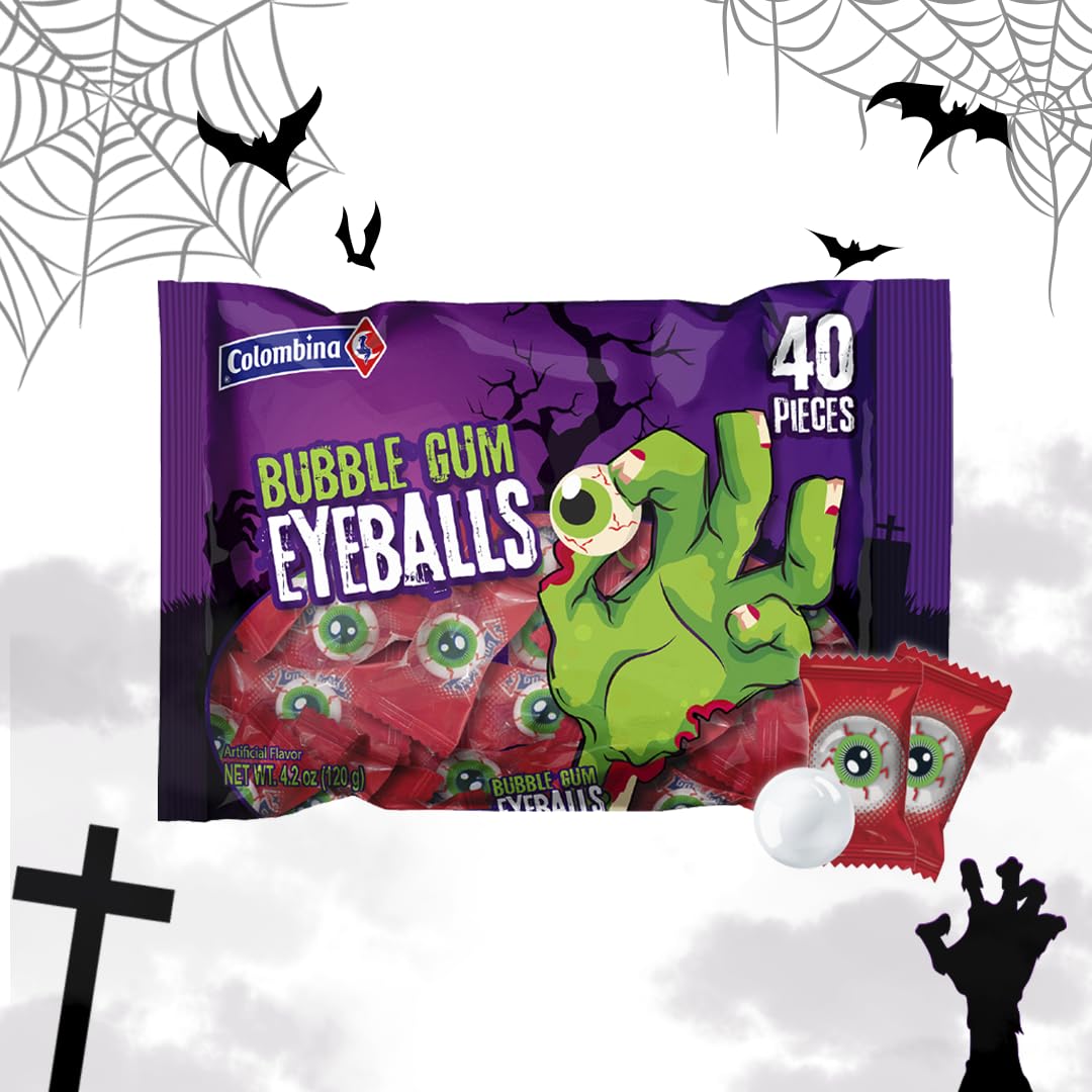 Colombina Bubble Gum Eyeballs, 40 Individually Wrapped Eye-Like Bubble Gum Balls, Ideal For Halloween And Spooky Decoration, 4.2