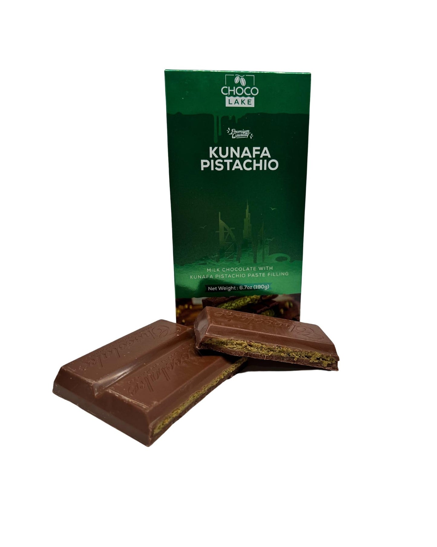 Dubai Chocolate Kunafa Pistachio Bar - Choco Lake Kunafa Pistachio Milk Chocolate Bar  6.7 Oz