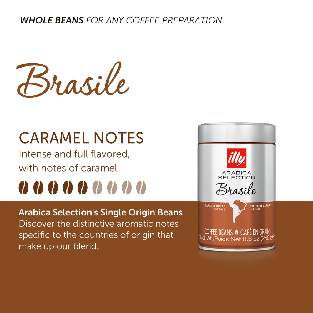 Illy Whole Bean Coffee, Brazil Bold Roast - Intense with Notes of Caramel - 100% Arabica - Whole Beans - Pressurized Packaging S
