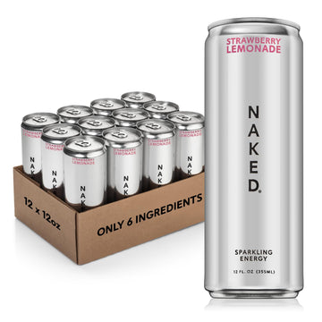 Naked Sparkling Energy Drink - Strawberry Lemonade  Organic Caffeine  Organic Lemon Juice  Zero Sugar  No Sucralose  Naturally Sweetened  Natural Energy Drinks  Vegan  Gluten-Free  Non-GMO - 12oz Cans (Pack of 12)